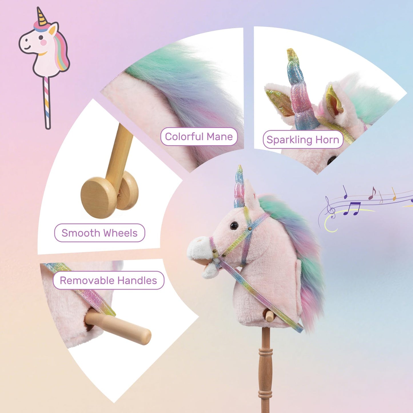 HollyHOME Plüsch Einhorn Steckenpferd mit Holzrädern Echten Pony Wiehern und Galoppieren Geräuschen Plüschtier Rosa 94 cm (AA Batterien Benötigt)