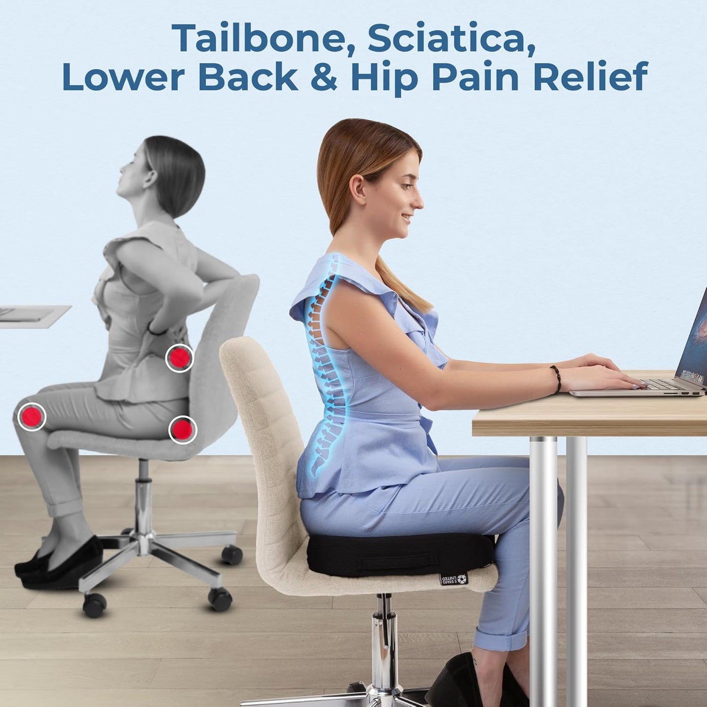5 STARS UNITED Seat Cushion - Memory Foam Chair Cushion for Tailbone Pain Relief