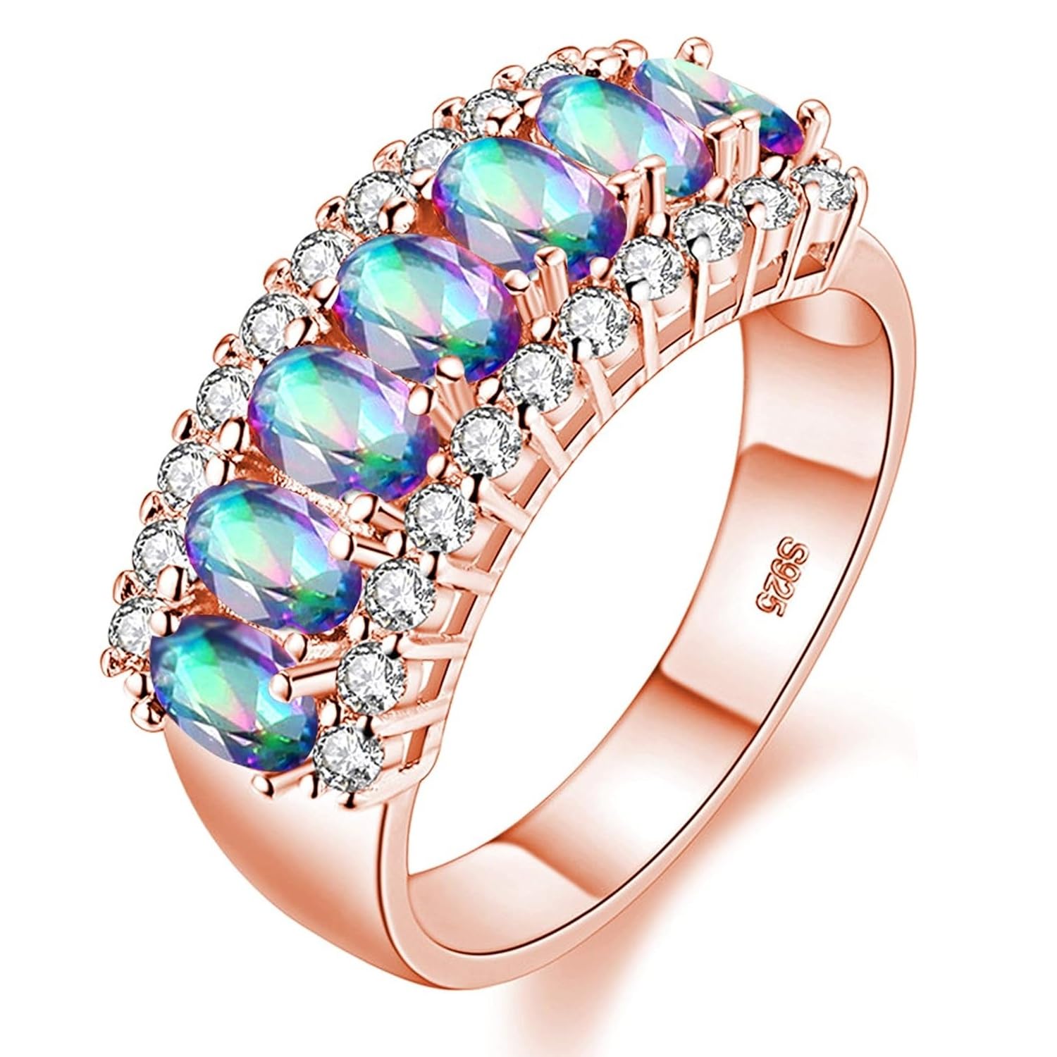 Uloveido Women's Gold Plated 7 Stones Eternity Band Ring Half Moon Design Wedding Bands with Oval CZ J501