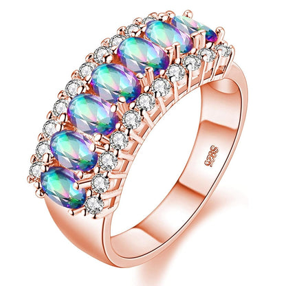 Uloveido Women's Gold Plated 7 Stones Eternity Band Ring Half Moon Design Wedding Bands with Oval CZ J501