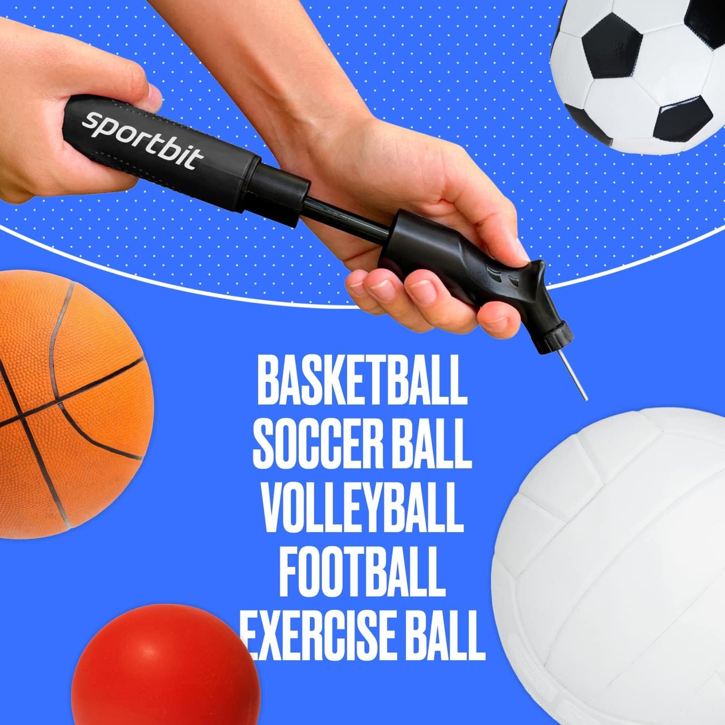 SPORTBIT Ballpumpe für Sportbälle - Basketballpumpe, Volleyballpumpe, Fußballpumpe - Handpumpe für alle Sportbälle - Push & Pull Aufblassystem - Inklusive 5 Nadeln