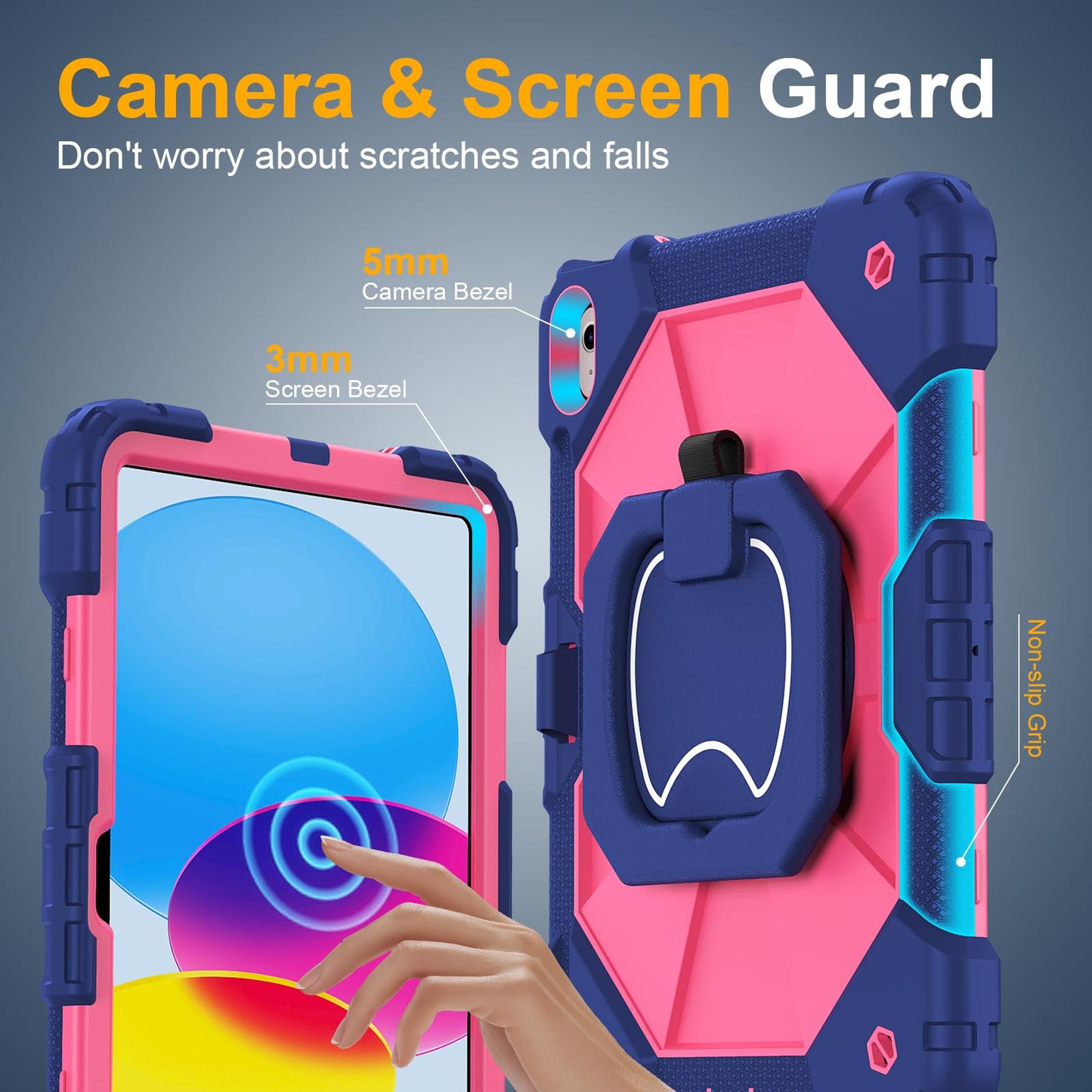 Case for iPad A16 11th Generation 11 Inch 2025, Auorld for iPad 10th Generation 10.9 inch 2022 case with Screen Protector, 360 Degree Rotating Stand Shoulder Strap Pencil Holder, Navy Pink