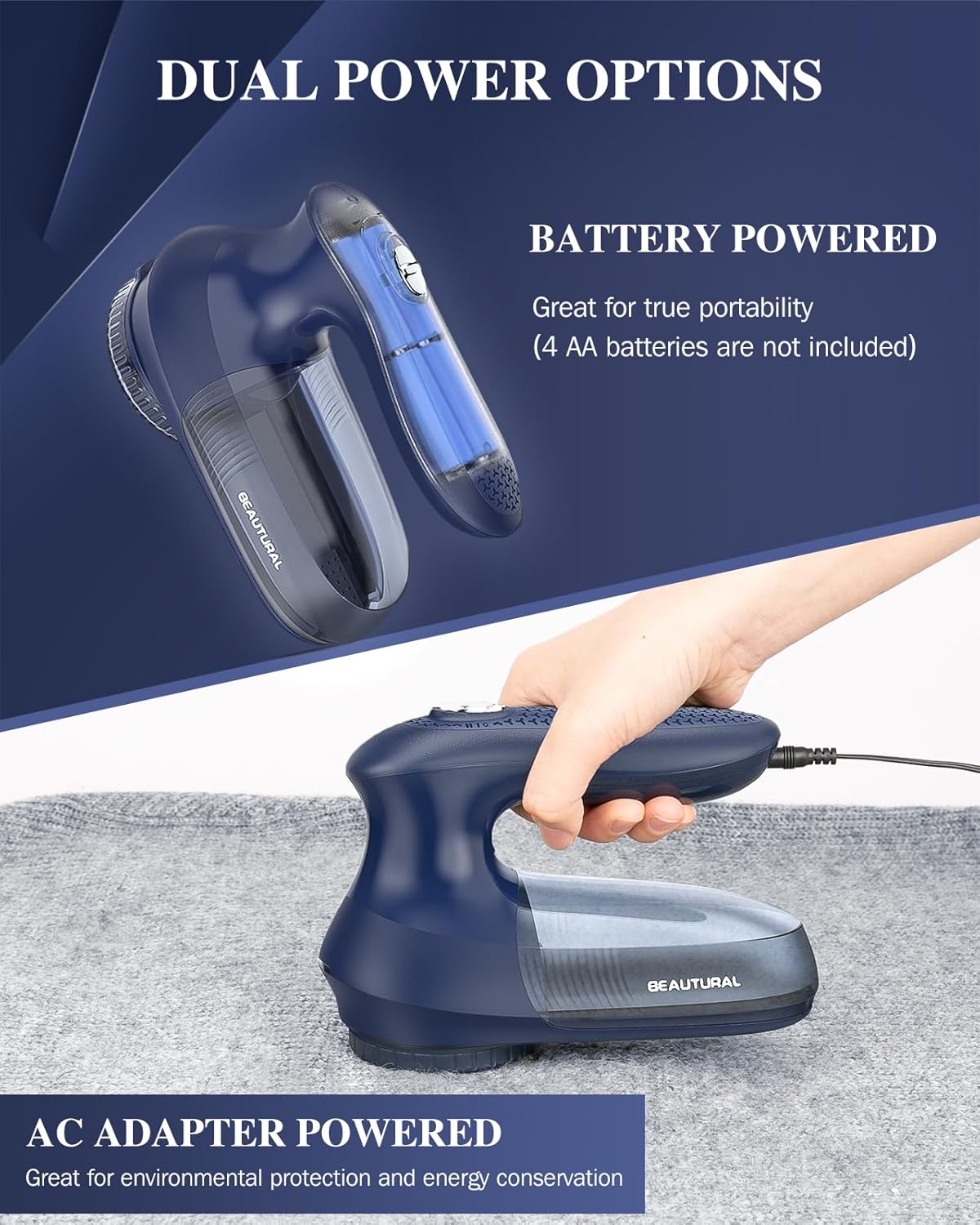 BEAUTURAL Quitapelusas eléctrico de tela y jersey con 2 velocidades, 2 cuchillas de acero inoxidable reemplazables, funciona con pilas