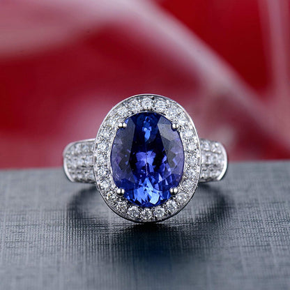 AmDxD 18K Gold Band Ring, Women Wedding Ring Band 3.8ct Oval Cut Blue Tanzanite with 1.22ct Diamond Birthday Gifts | Valentine Gifts