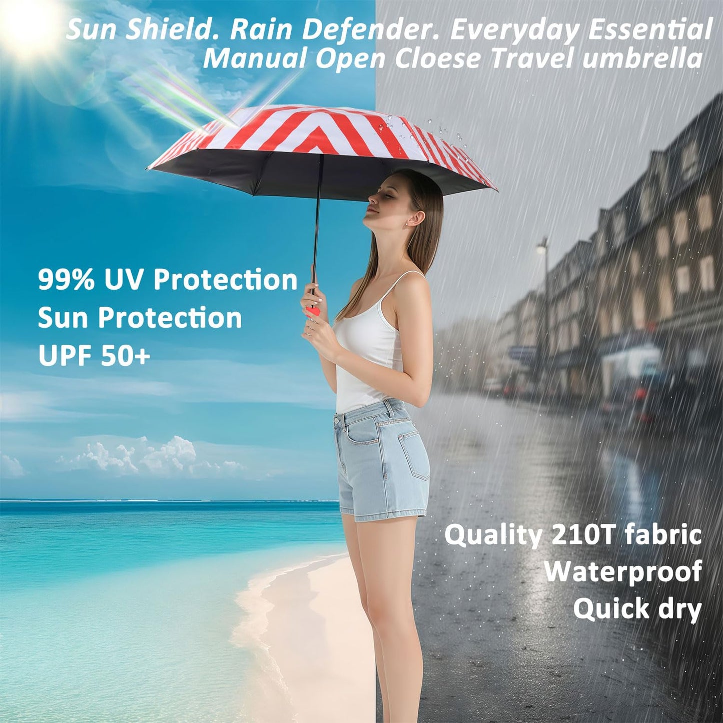 BAODINI Reiseutensilien Mini-Regenschirm für die Handtasche mit Etui Klein Kompakt UV-Sonnenschutz Leicht Winzig Tasche Manuelles Öffnen und Schließen Regenschirm für Damen, Kinder und Herren Passt in Handtasche Rucksack
