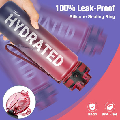 Sahara Sailor Trinkflasche, 950ml Motivations-Sportflasche mit Zeitmarkierung – Trinkzeiten – Tritan, BPA-frei, weite Öffnung auslaufsicher, Fast-Flow-Technologie mit Reinigungsbürste (1 Flasche)