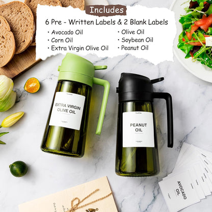 TrendPlain Botella dispensadora de aceite de oliva de 470 ml para utensilios de cocina - Dispensador y pulverizador 2 en 1 - Pulverizador de aceite de oliva con pegatinas (bloqueo de luz) - Sin BPA - Negro