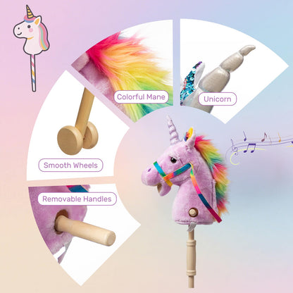 HollyHOME Plüsch Einhorn Steckenpferd mit Holzrädern Echten Pony Wiehern und Galoppieren Geräuschen Plüschtier Rosa 94 cm (AA Batterien Benötigt)
