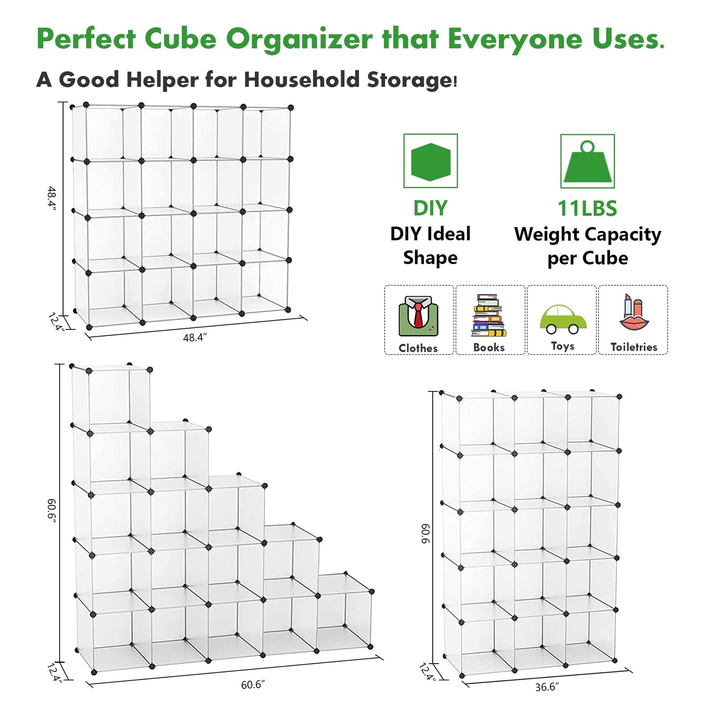 C&AHOME Cube Storage Organizer, 16-Cube Shelves Units, Plastic Storage Cubes, DIY Closet Organizer, Modular Closet Storage Shelves Ideal for Home, Bedroom, 48.4" L × 12.4" W × 48.4" H Black SUM3016H