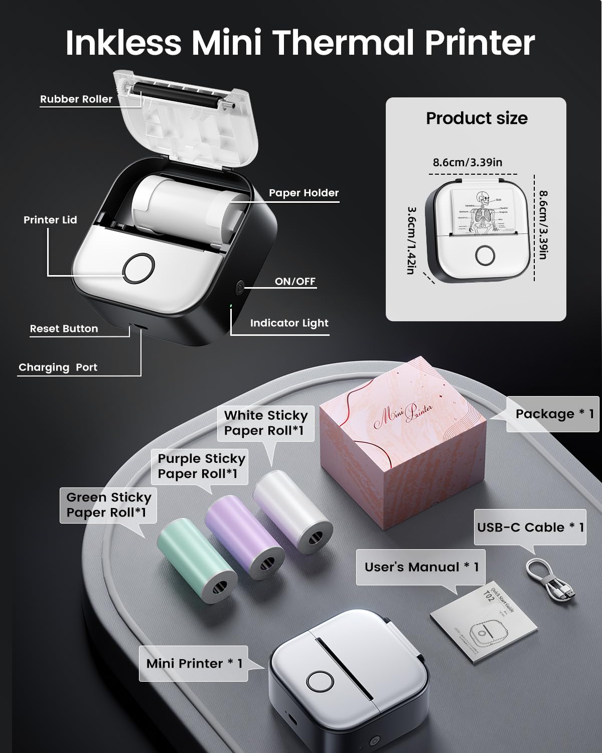 Memoking Mini-Drucker - T02 Aufkleberdrucker, Druckkapsel, tragbarer thermischer tintenloser Aufkleberhersteller, Bluetooth-Taschen-Minifotodrucker, Sofortdruck, Smart AI APP, für Studentenstudiennotizen, Tagebuch, Heimwerker, Geschenk