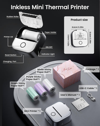 Memoking Mini-Drucker - T02 Aufkleberdrucker, Druckkapsel, tragbarer thermischer tintenloser Aufkleberhersteller, Bluetooth-Taschen-Minifotodrucker, Sofortdruck, Smart AI APP, für Studentenstudiennotizen, Tagebuch, Heimwerker, Geschenk