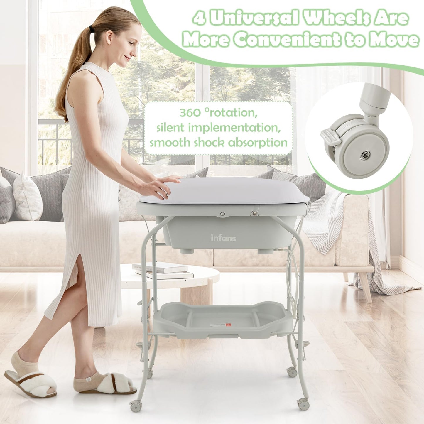 INFANS 2 in 1 Baby Changing Table with Bath Tub Unit, Folding Diaper Dresser Station with Wheels Waterproof Pad Storage Rack, Portable Nursery Organizer Stand for Newborn Infant