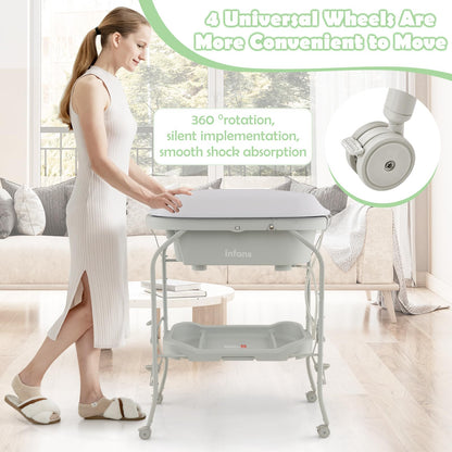 INFANS 2 in 1 Baby Changing Table with Bath Tub Unit, Folding Diaper Dresser Station with Wheels Waterproof Pad Storage Rack, Portable Nursery Organizer Stand for Newborn Infant