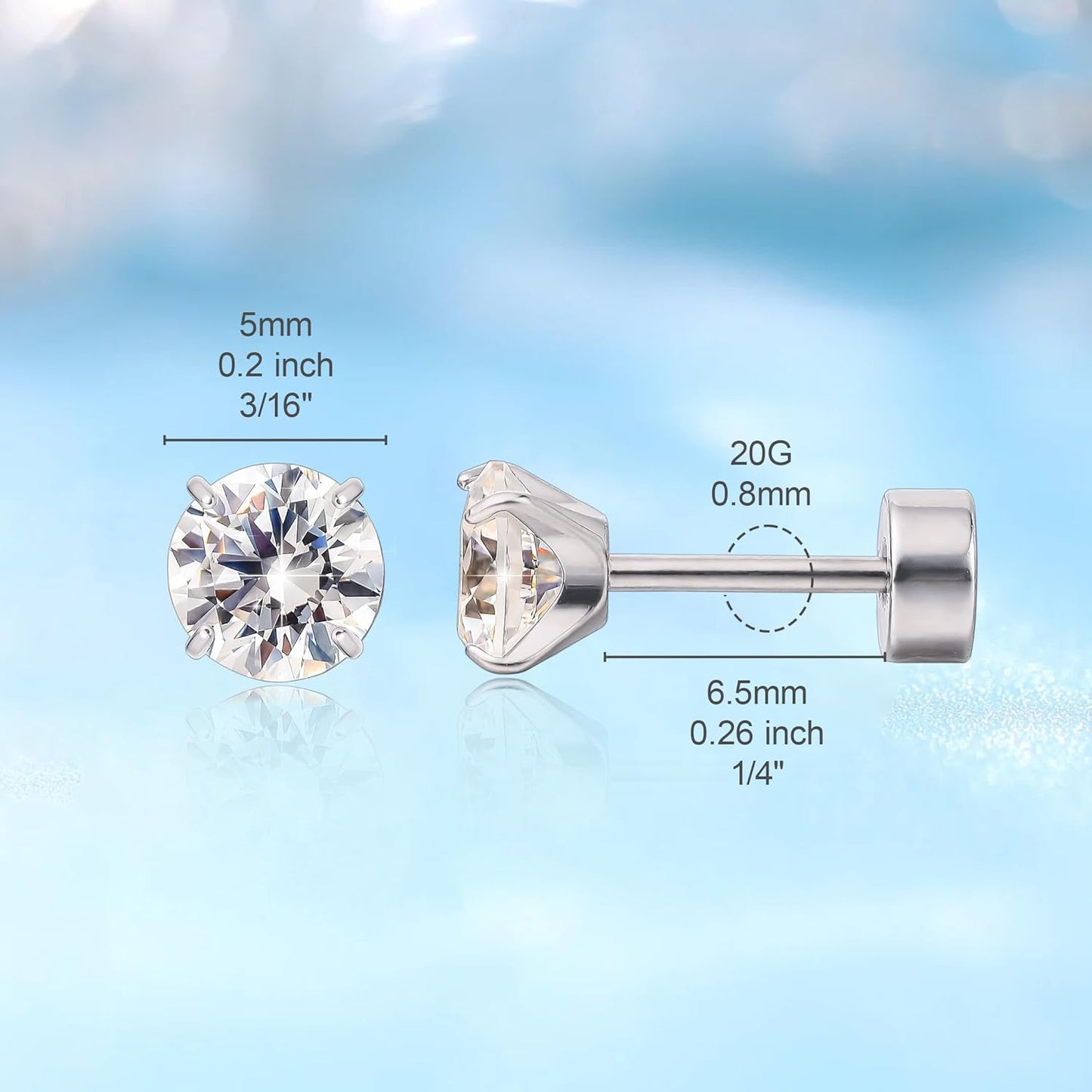 Limerenz Hypoallergene F136 Titan Schraub-Perlen-Ohrstecker (Flat Back Sleeper Earrings) Implantatqualität 20G Kleine Ohrstecker für empfindliche Ohren (5mm Perle)