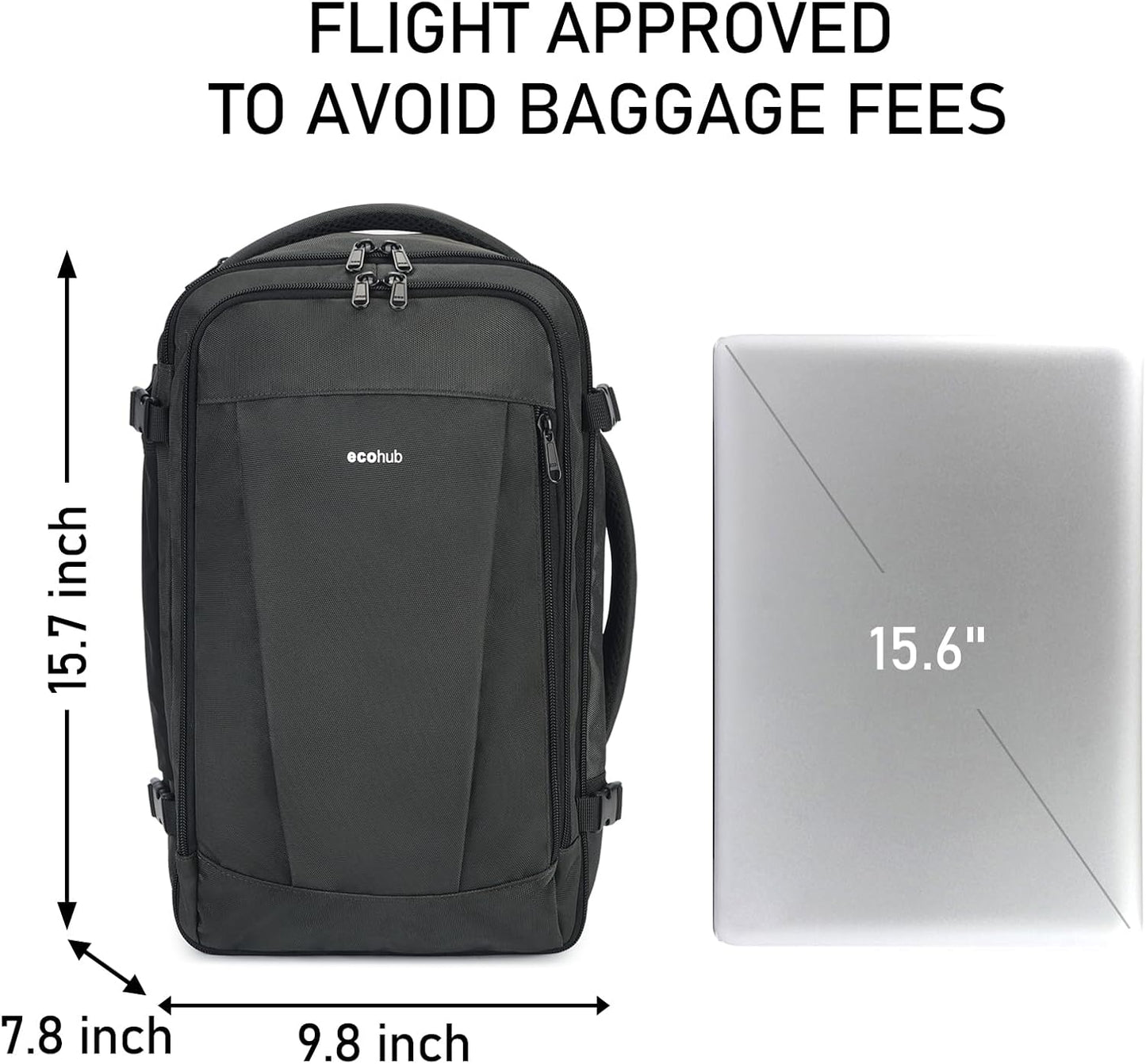 ECOHUB 16'' Reise-Rucksack Handgepäck Unterseat-Rucksack Persönlicher Gegenstand Flugzeug-Reisetasche mit 13 Taschen Handgepäck Flaschenhalter USB-Ladeanschluss Casual Daypack für Frauen Männer Schwarz