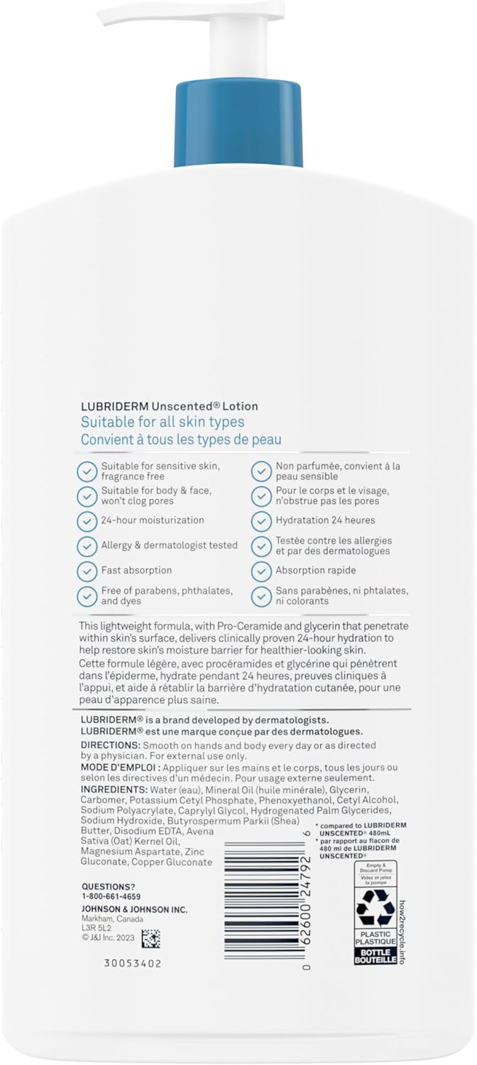 Lubriderm Ungeduftete Lotion, Sheabutter und Glycerin, Trockene Haut, Hand-, Gesichtsfeuchtigkeitspflege, Ohne Duftstoffe, 710ml