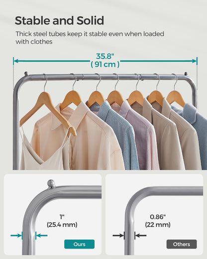 SONGMICS Clothes Rack with Wheels, Clothing Rack for Hanging Clothes, 25.4 mm Metal Garment Rack with Dense Mesh Storage Shelf, 110 lb Load Capacity, 2 Brakes, Black UHSR25BK