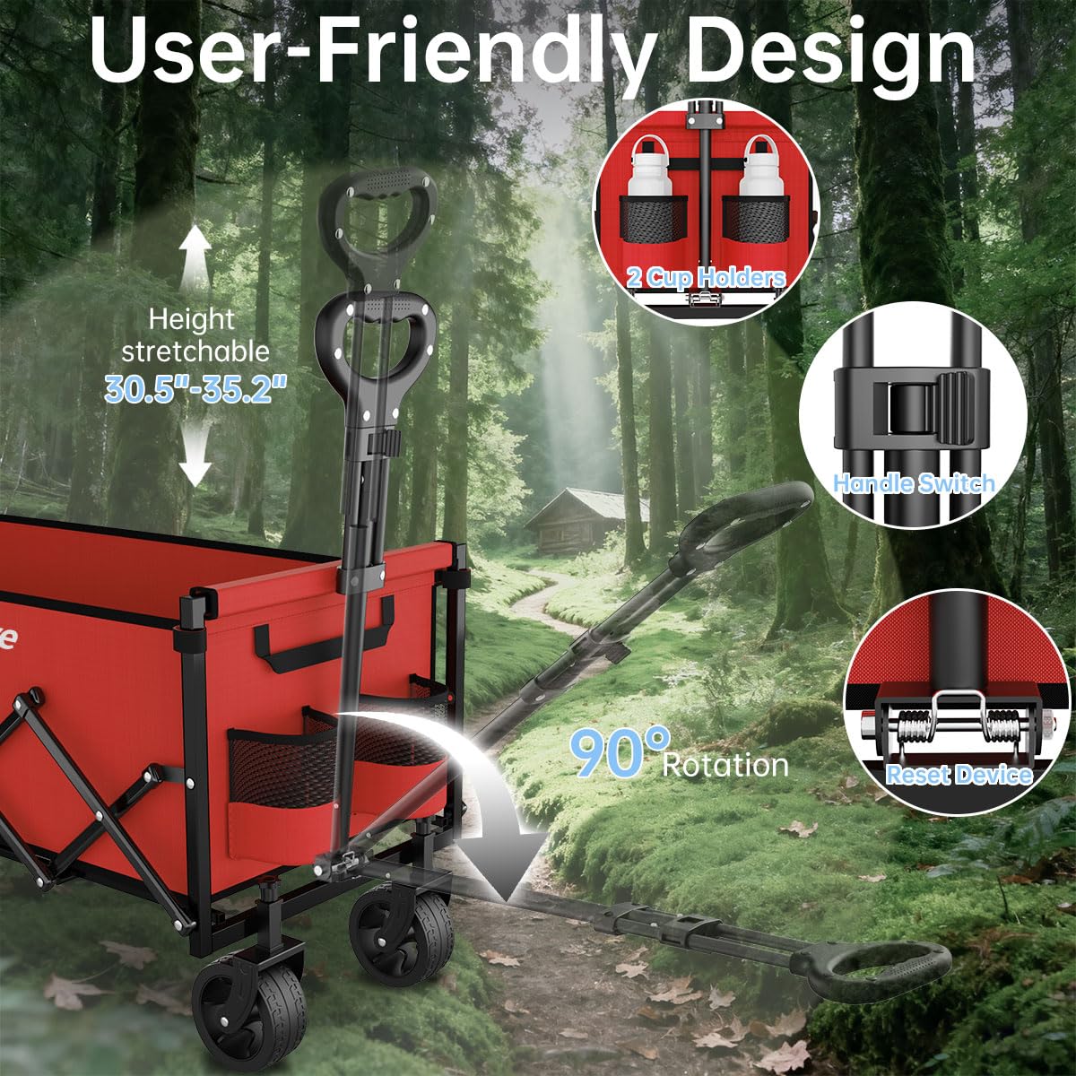 Extra Long Collapsible Wagon Cart, 480LBS Heavy Duty Utility Wagons with All-Terrain Wheels, Foldable Grocery Carts for Gardening, Shopping, Beach, Camping, Black