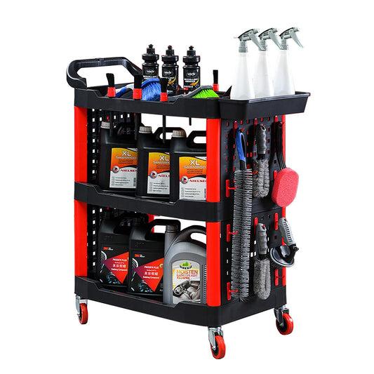3 Tier Rolling Detailing Tool Cart,440lb Heavy Duty Utility Cart with Wheels and Handle,Shelf/Service Cart,4 Hanging Plate,Hooks,Warehouse/Garage Repairs,Company Cleaning,Car Beauty Shop