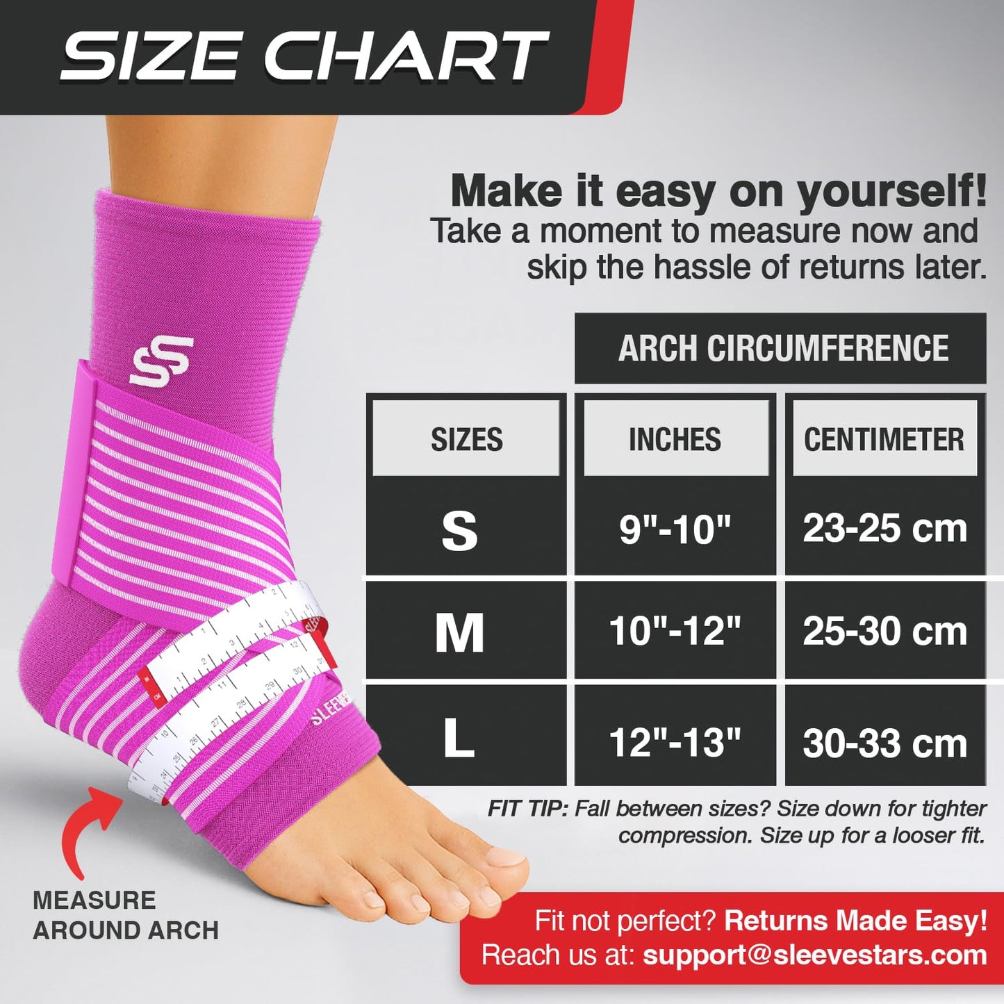 Sleeve Stars Knöchelbandage für Damen & Herren, Knöchelwickel für Verstauchungen, Kompressionsmanschette zur Linderung von Plantarfasziitis, Leicht anpassbare Unterstützung: mit abnehmbarem Gurt (Einzeln/M:25-30cm/Schwarz)