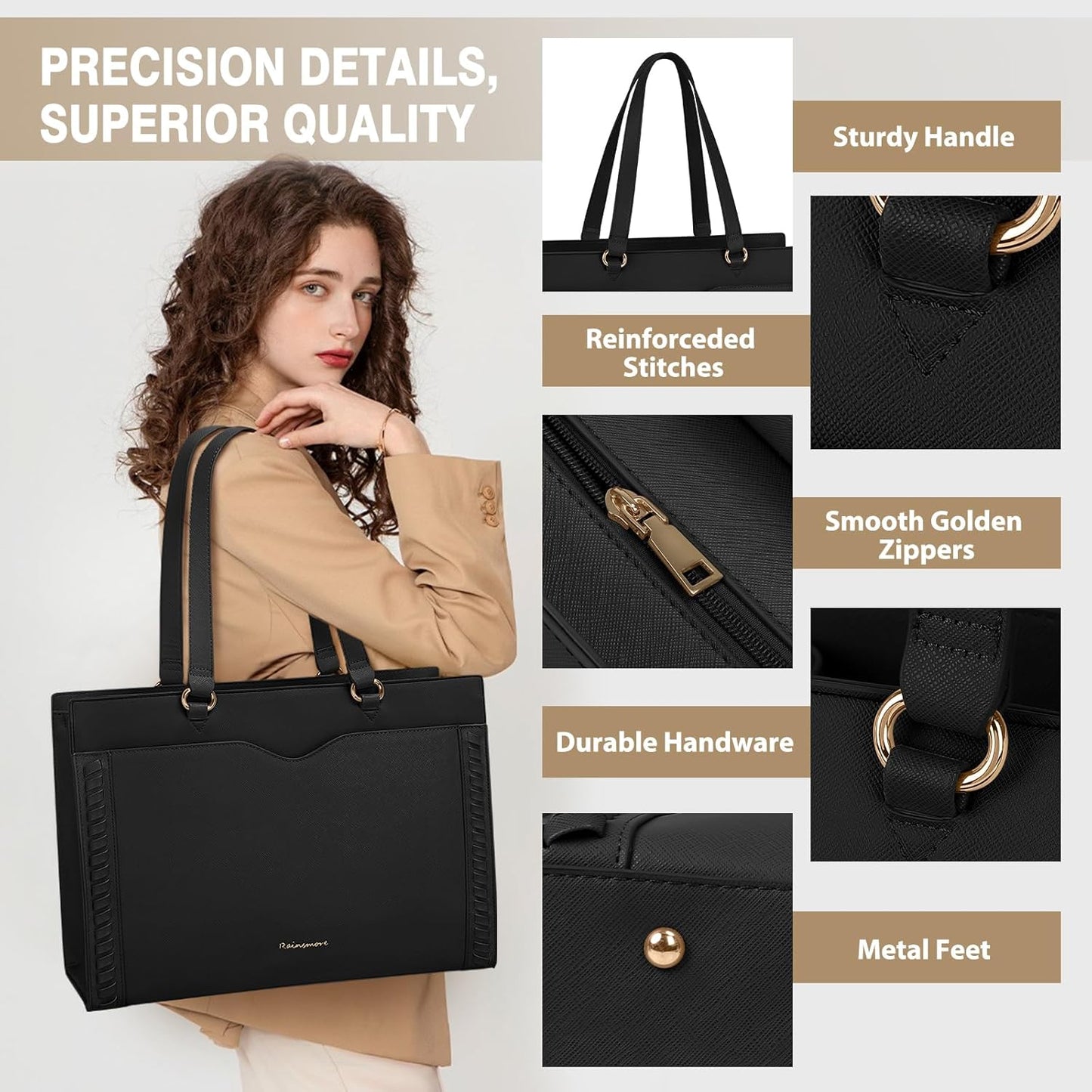 RAINSMORE Laptop Bag for Women 15.6 Inch Work Tote Bag with Detachable Strap & Bow Leather Laptop Tote with Cup Holder