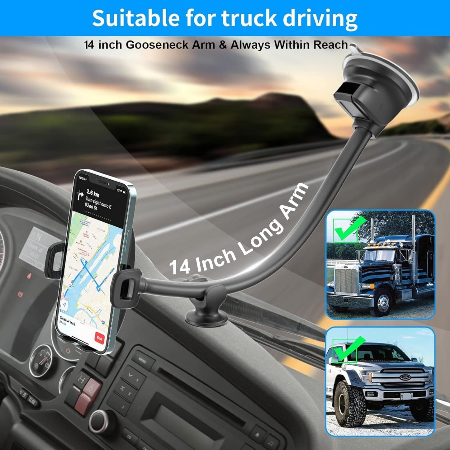 APPS2Car 14'' Gooseneck Car Phone Holder,Heavy Duty Phone Holder for Truck, [Flexibile Long Arm] [Anti Shake stabilizer] Windshield Car Phone Mount Suction Cup,Fit for iPhone, Samsung (Mirror Black)