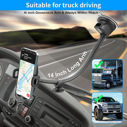 APPS2Car 14'' Gooseneck Car Phone Holder,Heavy Duty Phone Holder for Truck, [Flexibile Long Arm] [Anti Shake stabilizer] Windshield Car Phone Mount Suction Cup,Fit for iPhone, Samsung (Mirror Black)