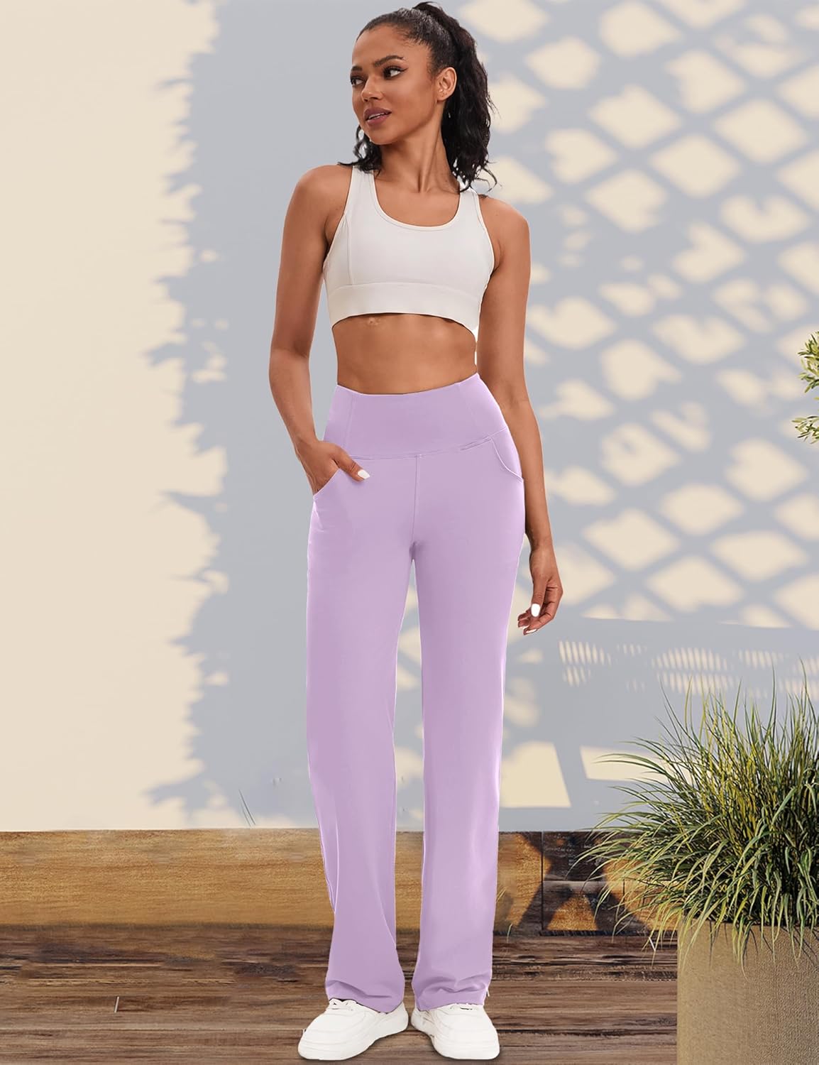 VOOVEEYA Yogahosen für Damen mit Taschen, gerade geschnittene Hose mit weitem Bein, hochtaillierte Business-Hose, petite/regulär//lang