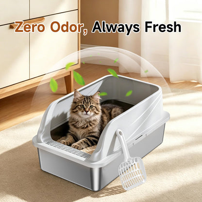 Stainless Steel Cat Litter Box, Odor Free Metal Litter Box with High Sides Lid, Open Top Low Entry Litter Pan Include Scoop Easy Cleaning Anti-Scratch Kitty Cat Box Anti-Urine Leakage, Non-Sticky
