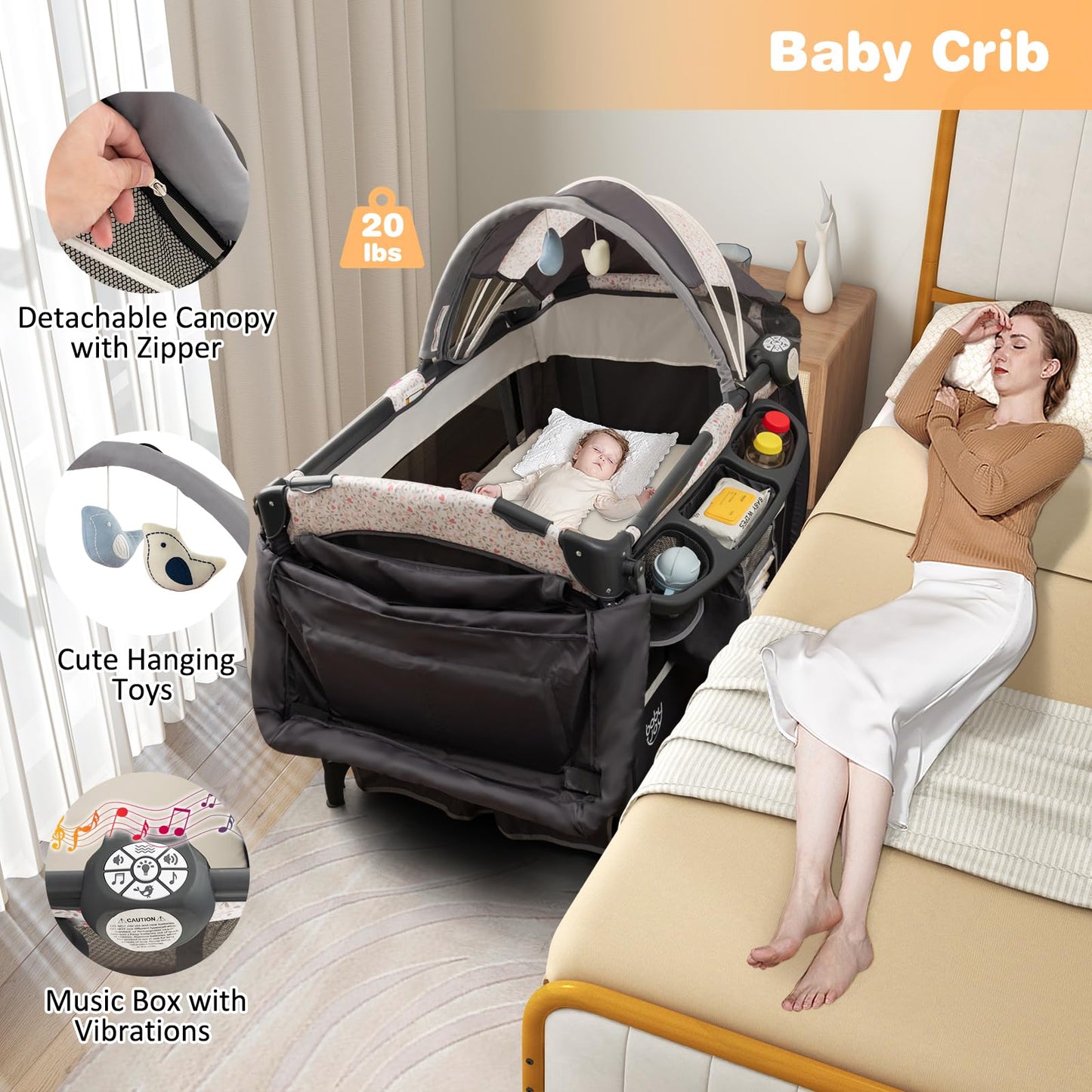 BABY JOY 4 in 1 Pack and Play, Portable Baby Playard with Bassinet & Flip-Away Changing Table, Canopy, Portable Bedside Crib with Storage Basket, Oxford Bag, Infant Bassinet from Newborn to Toddlers