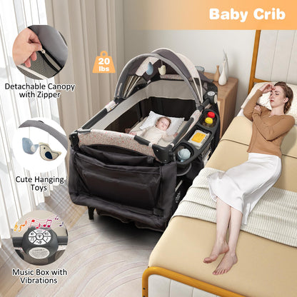 BABY JOY 4 in 1 Pack and Play, Portable Baby Playard with Bassinet & Flip-Away Changing Table, Canopy, Portable Bedside Crib with Storage Basket, Oxford Bag, Infant Bassinet from Newborn to Toddlers
