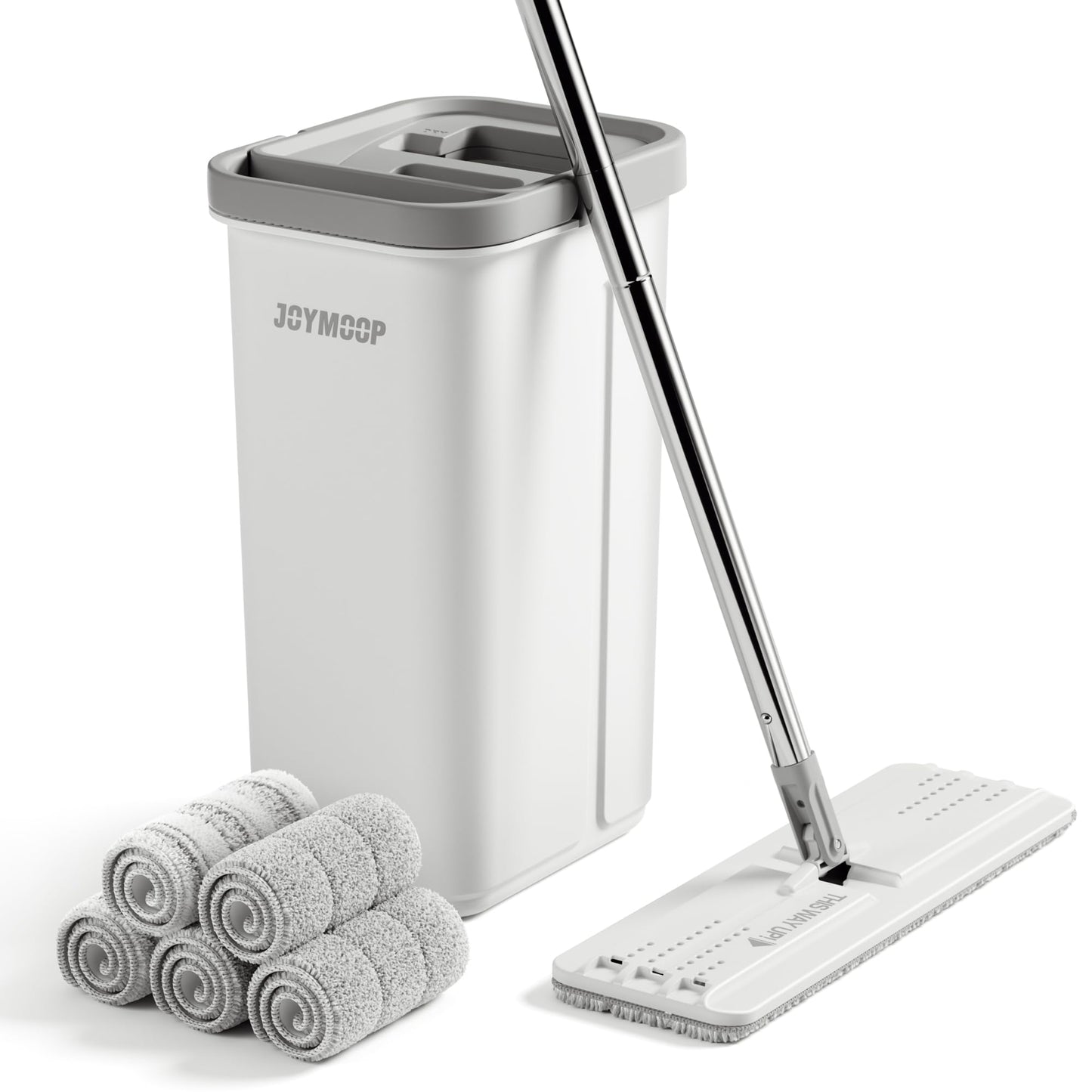 JOYMOOP Wischmopp und Eimer mit Auswringsystem, Freihand-Flachmopp und Eimer, mit 3 waschbaren Mikrofaserpads, Nass- und Trockengebrauch, Bodenreinigungssystem