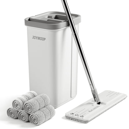 JOYMOOP Wischmopp und Eimer mit Auswringsystem, Freihand-Flachmopp und Eimer, mit 3 waschbaren Mikrofaserpads, Nass- und Trockengebrauch, Bodenreinigungssystem