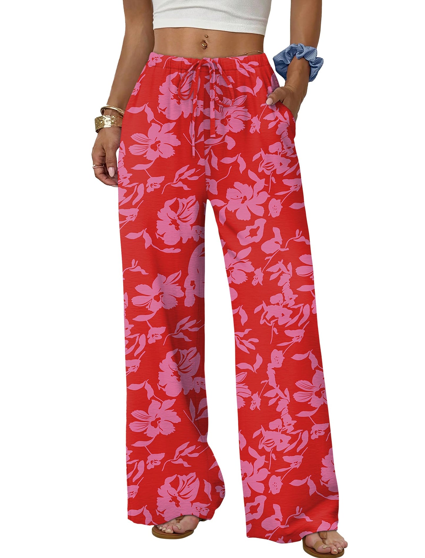 Sampeel Wide Leg Pants for Women Flowy Palazzo Drawstring Elastic Waist Trousers with Pockets Summer Beach Vacation Clothes