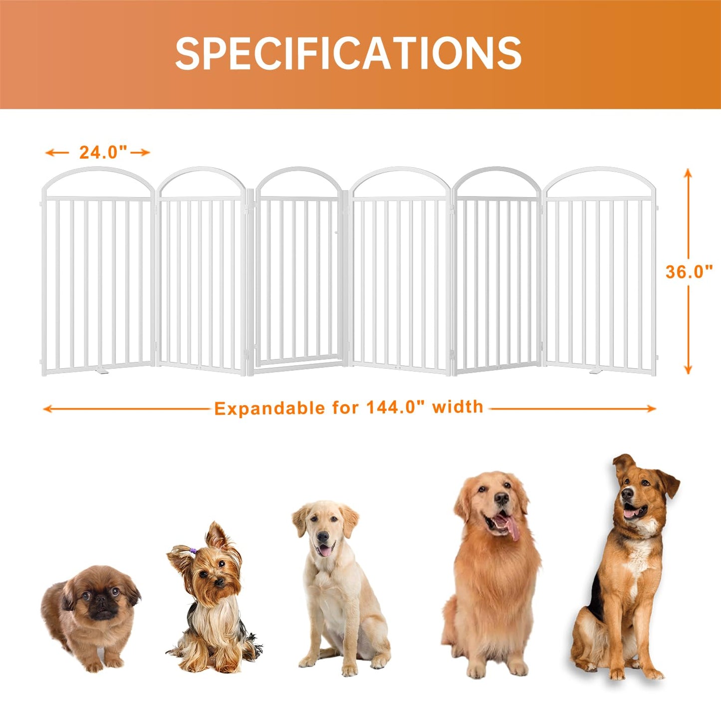 SNUOWU 4 Panels Full Matel Freestanding Dog Gates with Door, 96"Extra Wide 36"Tall Free Standing Dog Pet Gate for Indoor & Outdoor. Foldable Pet Fences for Doorways, House, Stairs, Porch, Deck, Yard