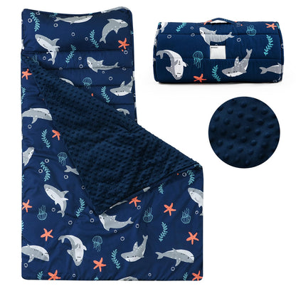 PHF Toddler Nap Mat with Removable Pillow and Minky Blanket, Rollup Design Kids Sleeping Mat, Slumber Bags for Boys, 55"x23" Toddler Sleeping Bag for Daycare Preschool Travel Camping, Space
