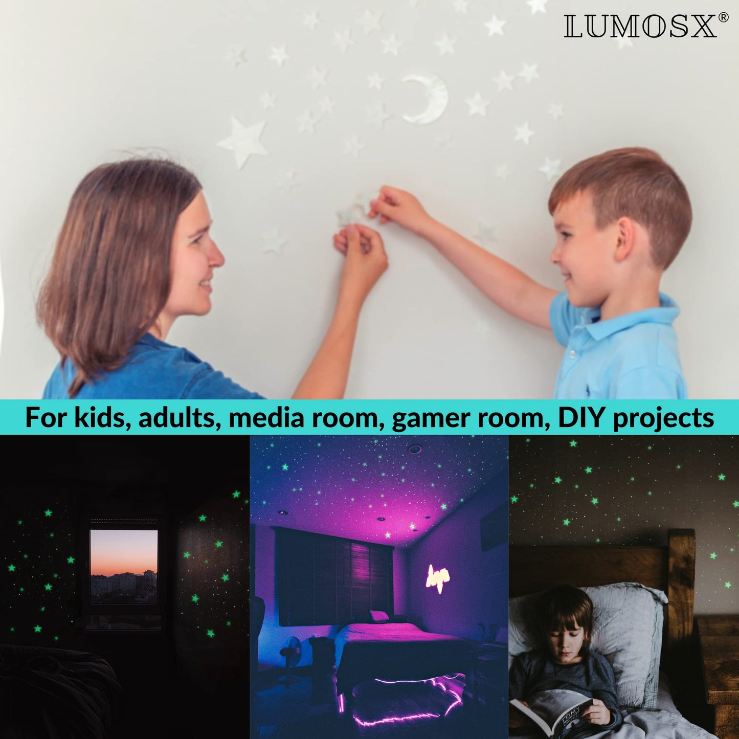 Leuchtsterne für Kinderzimmerdecke – 220-teilige Leuchtsterne für die Decke aus recycelten Materialien mit Mond, Polarstern & Konstellationen E-Book | LUMOSX