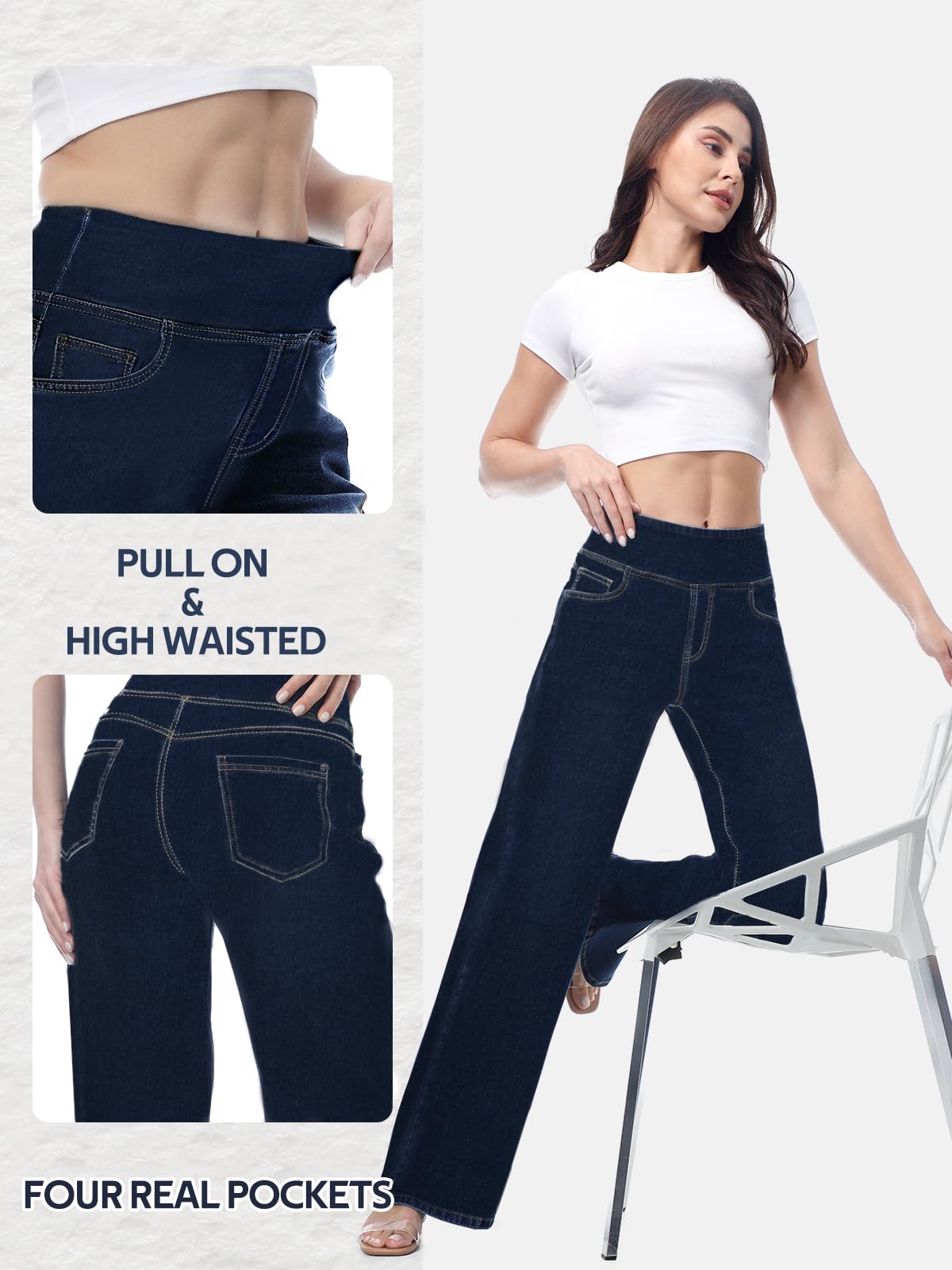 Chasehot Damen Jeans, Weites Bein, zum Reinschlüpfen, High Waist, Stretchy, Baggy, Trendy, Bauchkontrolle, Gerades Bein, Denim, Dunkelindigo Waschung-L
