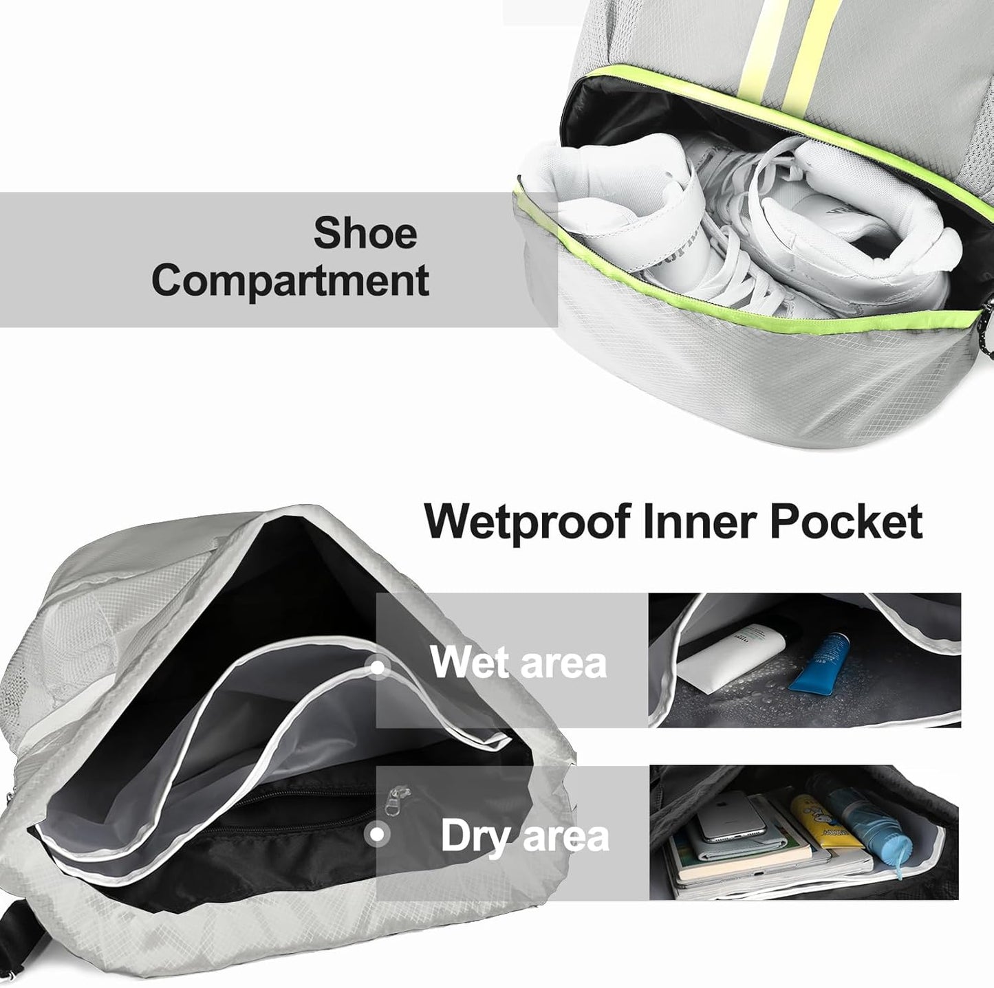 Hoedia Sports-Kordelzugrucksack – Schwimm-Turnbeutel mit Schuhfach und wasserdichter Tasche für Damen und Herren