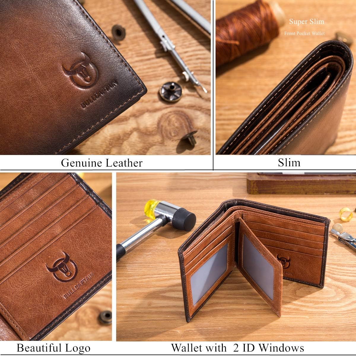 BULLCAPTAIN RFID Wallets for Men Slim Bifold Genuine Leather Front Pocket Wallet with 2 ID Windows QB-05, Brown, Small, Retro