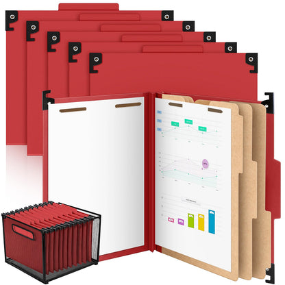 Henoyso 10 Pcs Hanging Classification File Folders, Letter Size Red Folders with 3 Pressboard Dividers, 8 Fasteners, 4 Inch Expansion, 1/3-cut Top Tab for Medical Records and File Cabinet Organizer