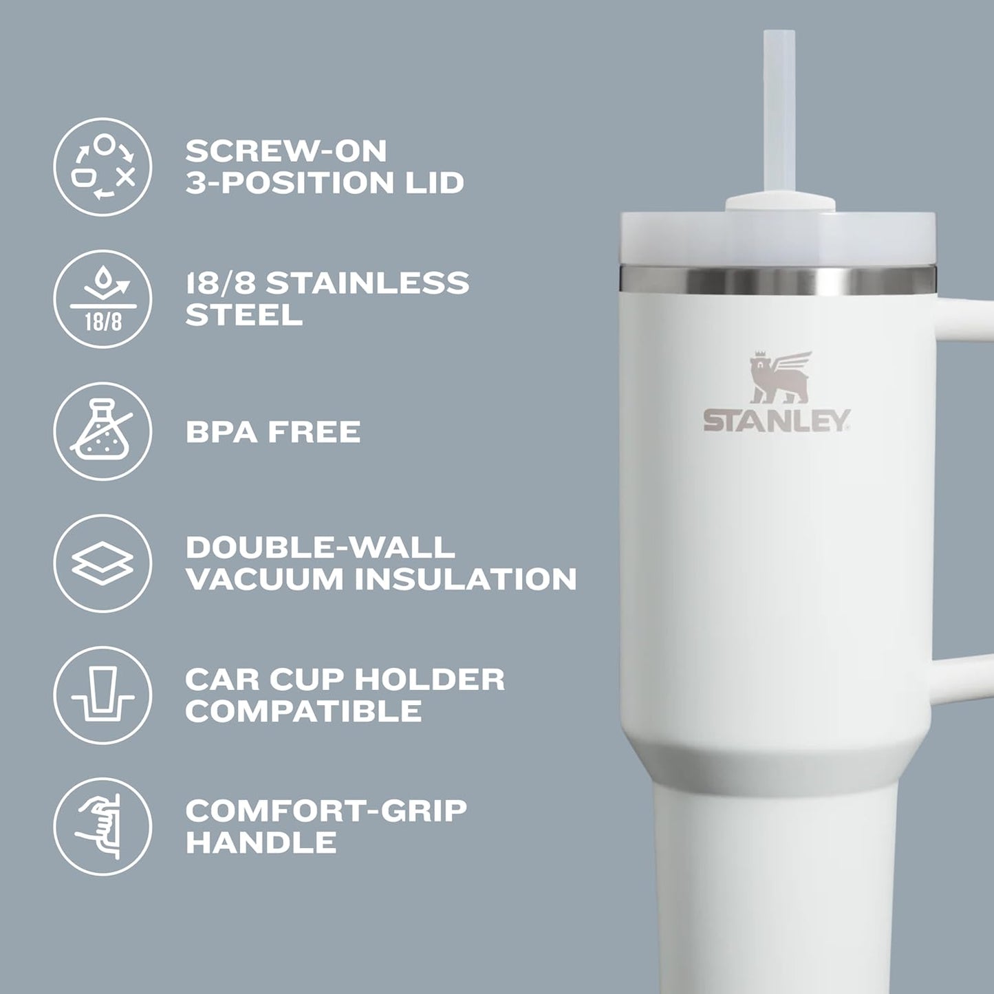 Vaso Stanley Quencher H2.0 con asa y pajita de 40 oz | Tapa Flowstate de 3 posiciones | Compatible con portavasos para viajes | Vaso térmico de acero inoxidable | Sin BPA | Arándano