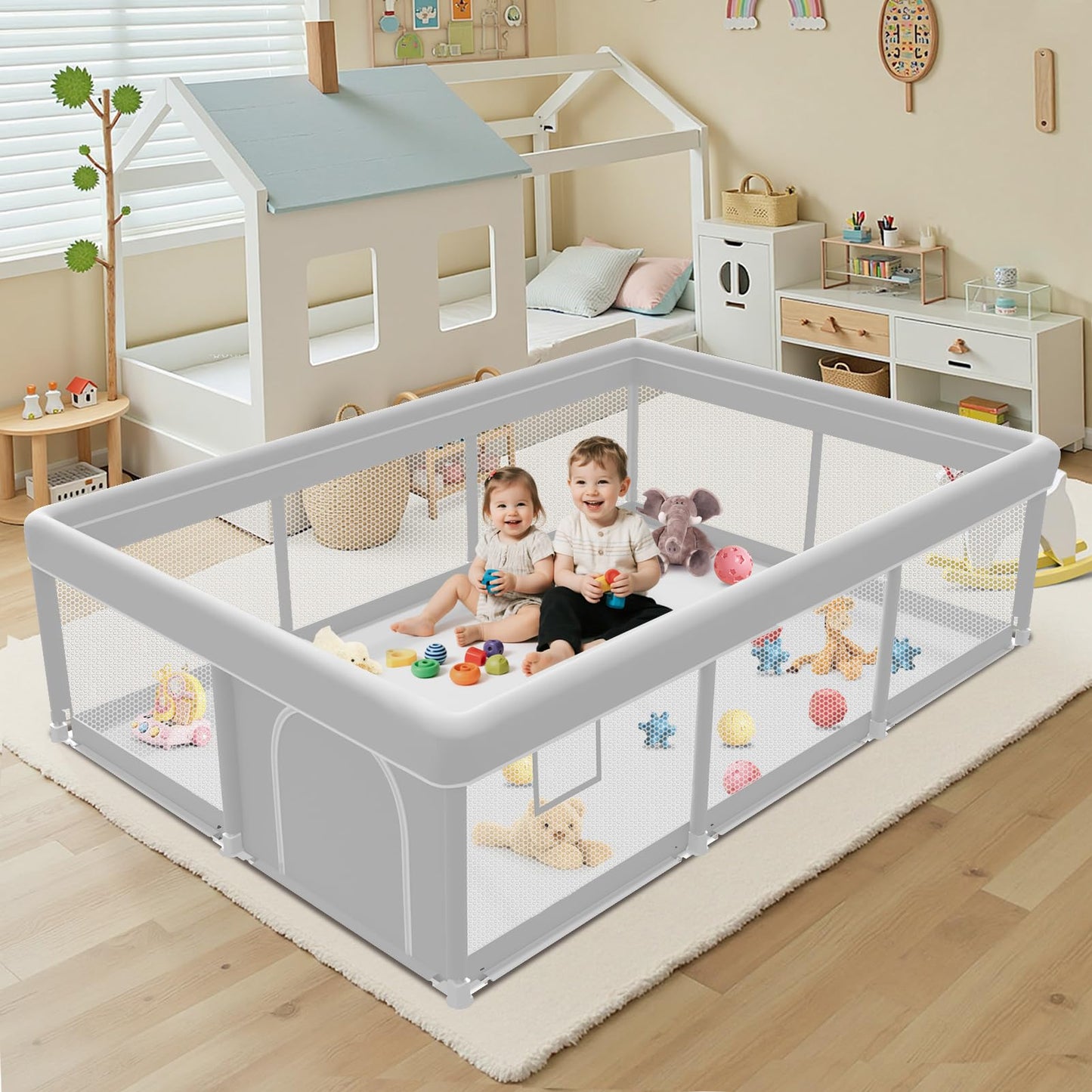 Baby Playpen with Mat 50x50 Inch, Playpen with Colorful Ball for Babies and Toddlers, Baby Play Pen Pin Indoor Play Fence (Mat and Ball Included)