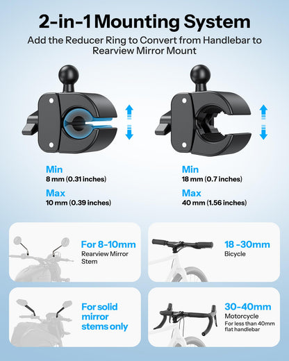 OMOTON BK01 Anti-Vibration Phone Mount, Quick Lock Shockproof Bike & Motorcycle Cell Phone Holder, Fits iPhone & Android for Riders on E-Bike, Stroller, Scooter, Fits Handlebars & Rearview Mirror