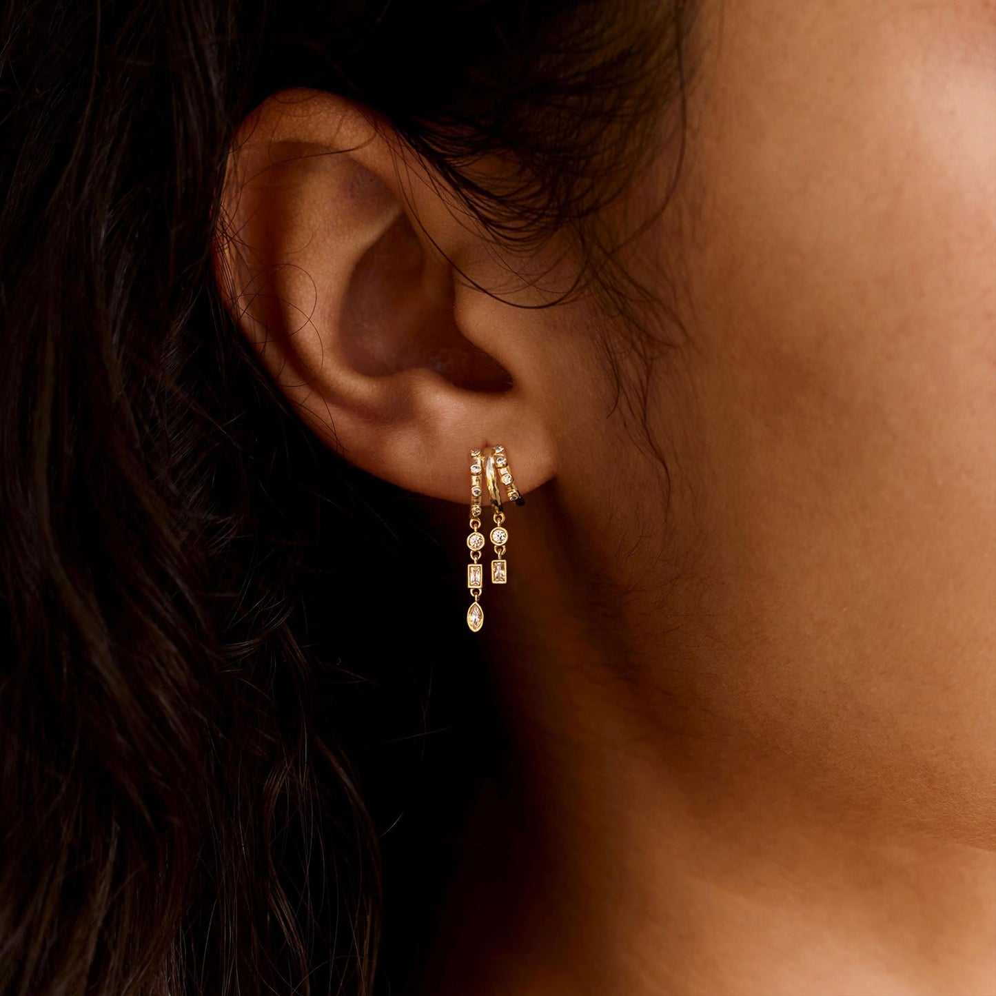 Dangle Earrings for Women,14k Gold Plated Triple Huggie Stud Earrings Cute Statement Chain Earring Dainty Drop Earrings for Women Trendy Gold Plated Jewelry
