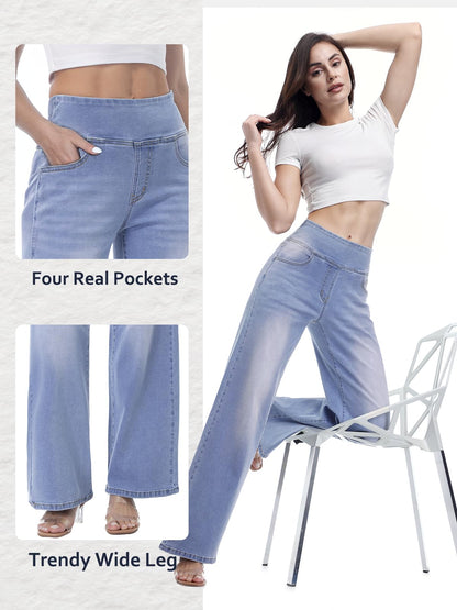 Chasehot Damen Jeans, Weites Bein, zum Reinschlüpfen, High Waist, Stretchy, Baggy, Trendy, Bauchkontrolle, Gerades Bein, Denim, Dunkelindigo Waschung-L