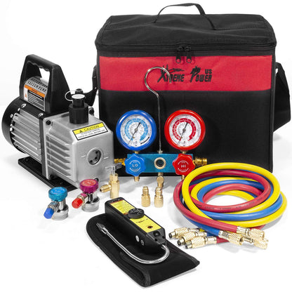 XtremepowerUS 3CFM 1/4HP Vacuum Pump HVAC R134a, R12, R22, R410a, A/C Refrigeration R134 Can Tap Adapter, R134 Quick Connector AC Manifold Gauge Air Conditioner Oil Bottle w/Bag