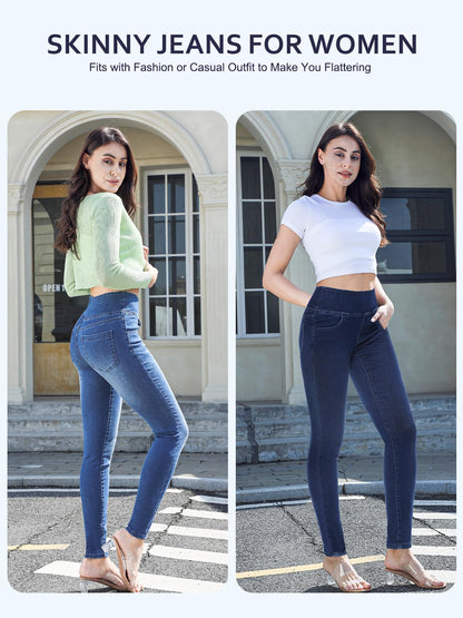 Chasehot Pull-On Skinny Jeans für Damen, dehnbare High-Waist Leggings, trendige Bauchkontrolle, Denim-Jeggings mit Taschen, Dark Wash-L