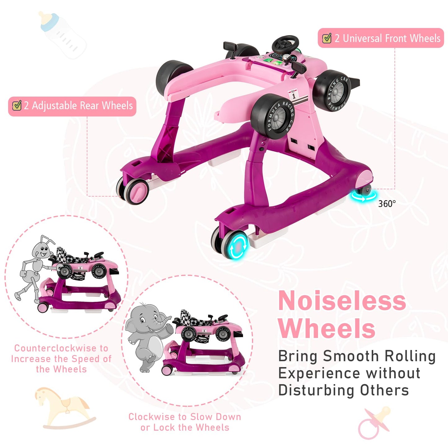 BABY JOY 4-in-1 Baby Walker, Foldable Activity Walker with Adjustable Height & Speed, Music, Lights, Anti-Rollover, Toddler Push Walker, Baby Walker with Wheels for Boys Girls 6-18 Months (Pink)