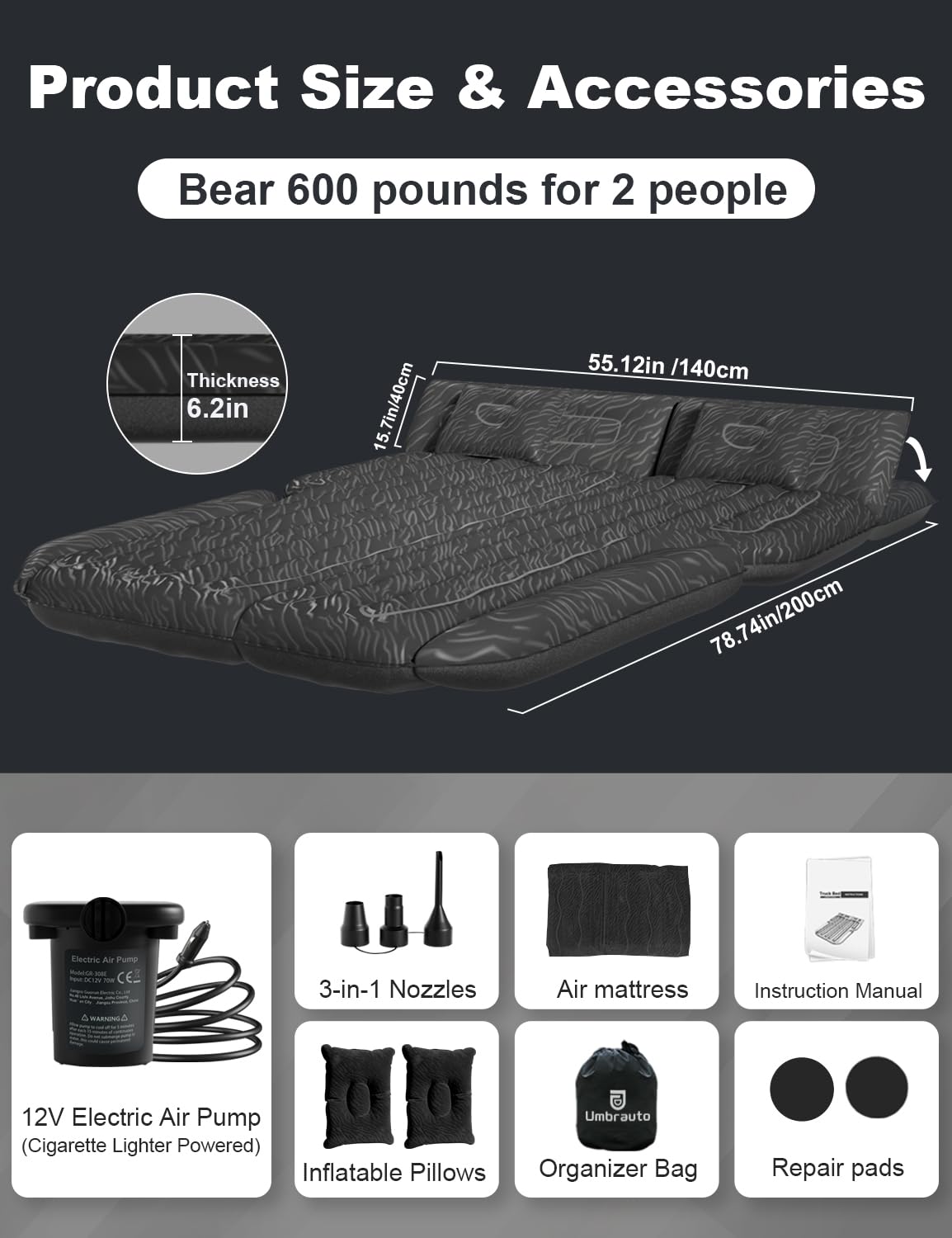 Umbrauto Car Air Mattress Backseat| Inflatable Truck Back Seat Camping Airbed for SUV Rear Seat, Blow Up Sleeping Travel Bed for Van Trunk with Pump & Pillows